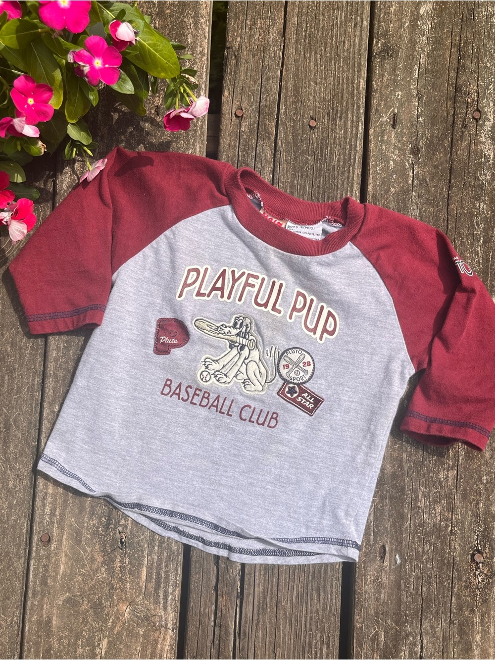 Vintage Disney Pluto Playful Pup Baseball Club Raglan Tee - Maroon & Gray - Kids